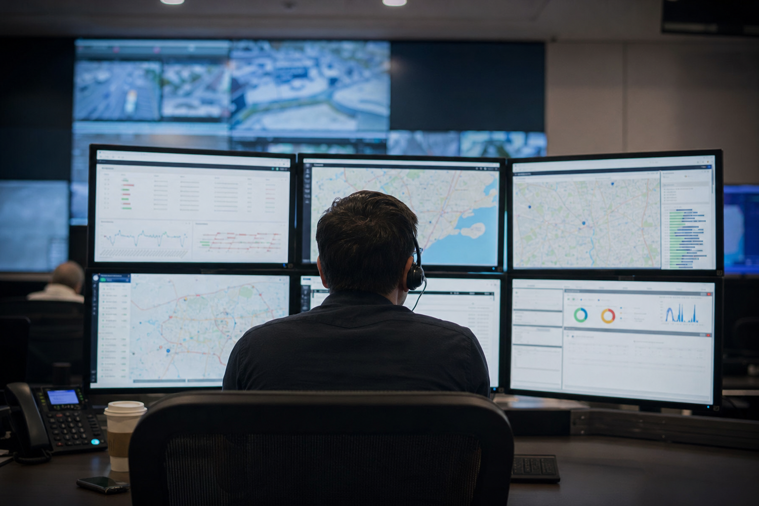An OnTime Trucking dispatcher at a command center, monitoring real-time tracking maps and route dashboards across a wall of screens