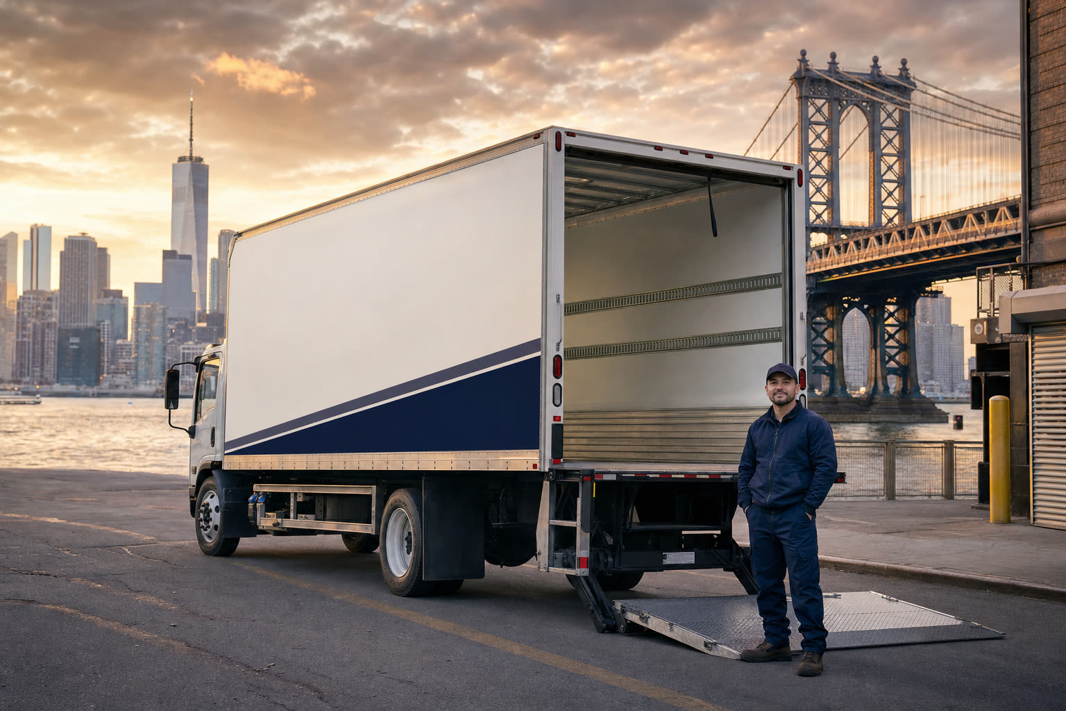An OnTime Trucking navy-and-white liftgate box truck with its liftgate deployed and a driver standing beside it, the Manhattan Bridge and downtown skyline behind